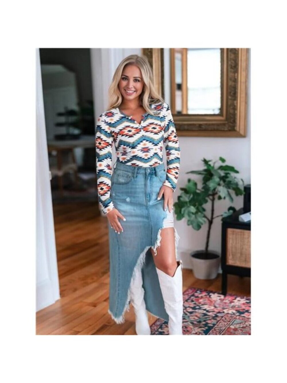 Womens Long Sleeve T Shirts Aztec Cow Print Western Henley Tops - Picture 4 of 5